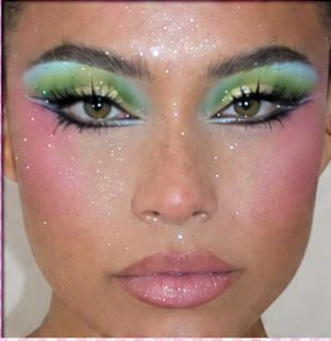 Colorful mint green and pink shimmery eye makeup